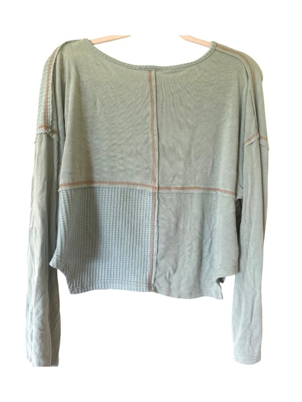 POL Oversized Alexa Pieced Waffle Knit Henley In Dusty Aqua & Sage Med Long Slv - Picture 2 of 5
